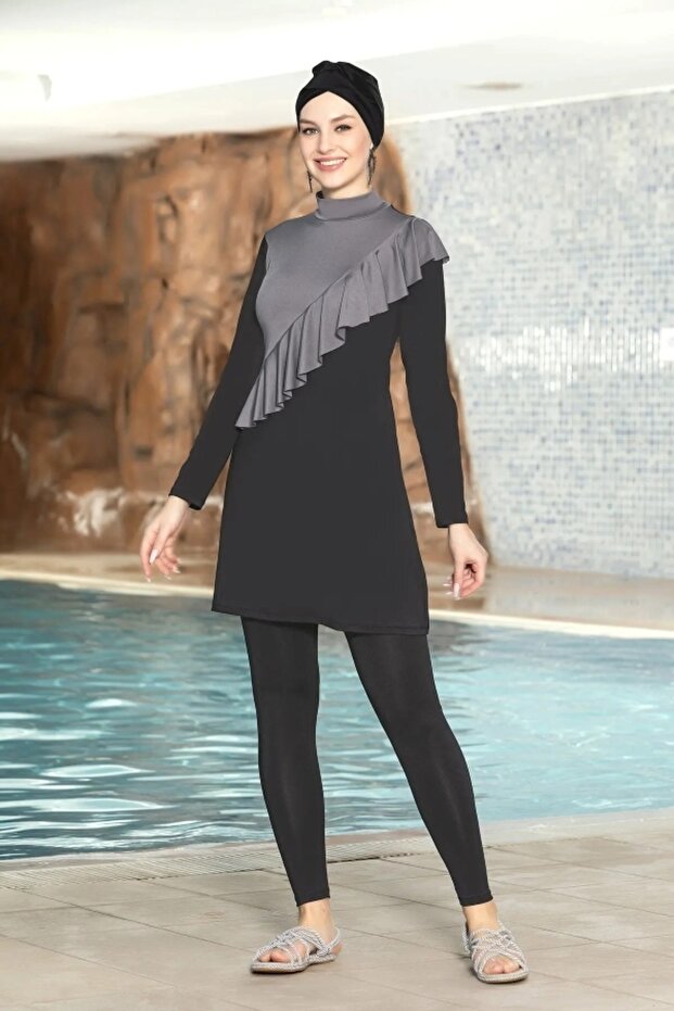 Hijab Swimsuit Lycra Ruffle Detailed Full Coverage Set | Starinci