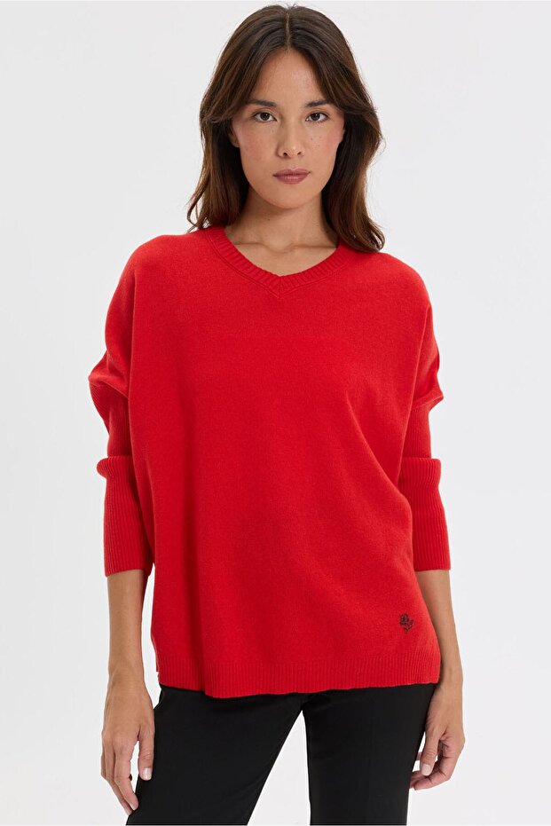 Women's V-Neck Low Sleeve Slit Wool Sweater Coral