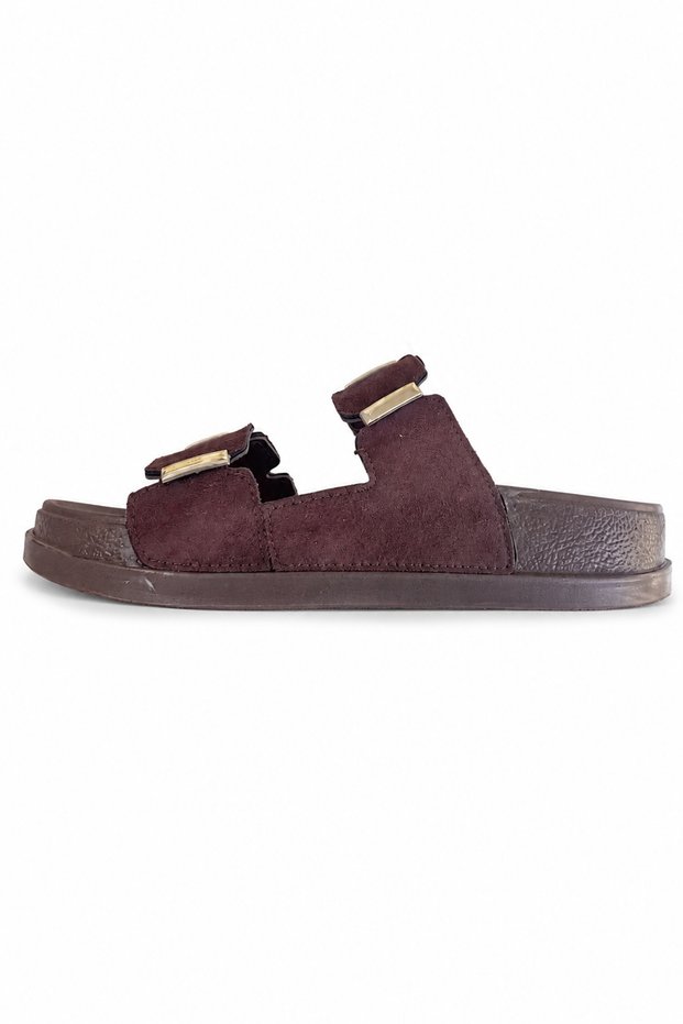 Women's Brown Double-Strapped Suede-Look Casual Slippers with Gold Accessories
