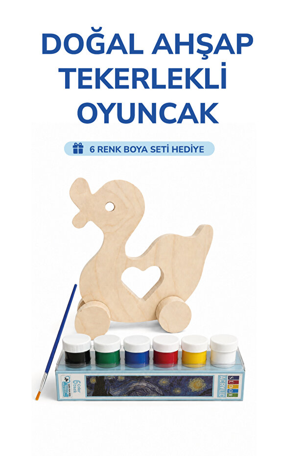 Wooden Duck Toy Natural Handmade Paintable Educational Toy + 6-Piece Paint Set Gift