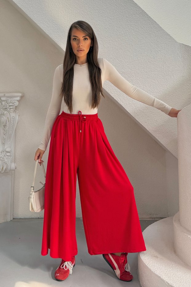Women's Pleated Wide Leg Palazzo Trousers with Elastic Waist and Rope Detail 0186 - Red