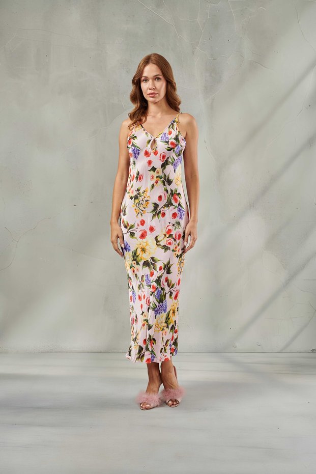 Women's Slip Dress Satin Long Dress with String Straps & Floral Pattern, Backless, Window Detail, Straight Cut, Special Occasion Dress, Nightgown