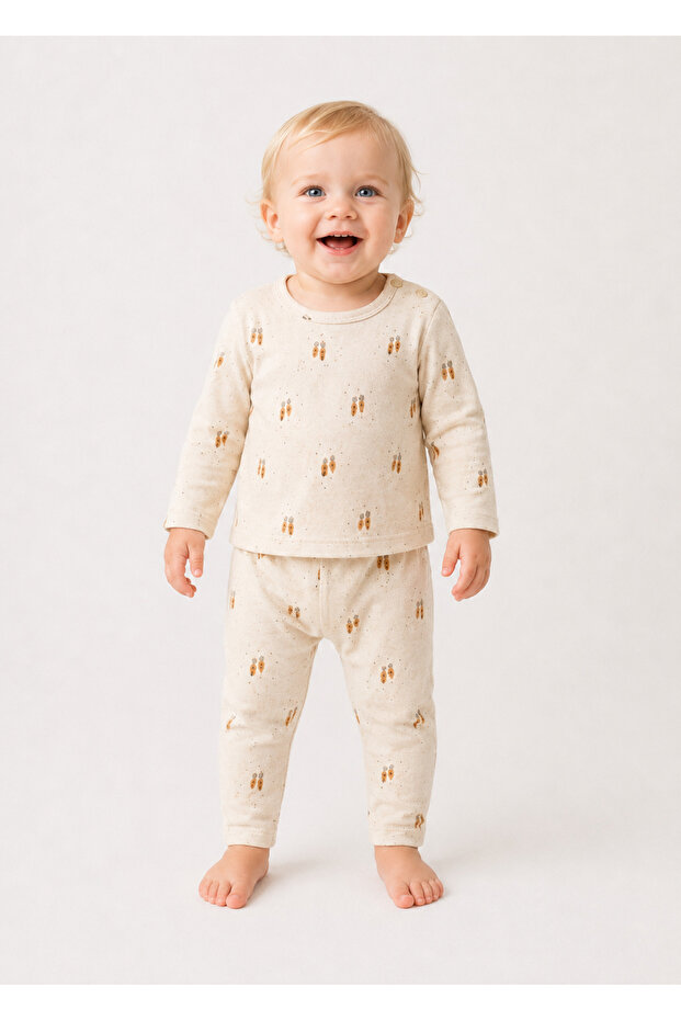 Ecru Carrot Patterned Double Baby Home Wear and Pajama Set 100% Cotton Unisex