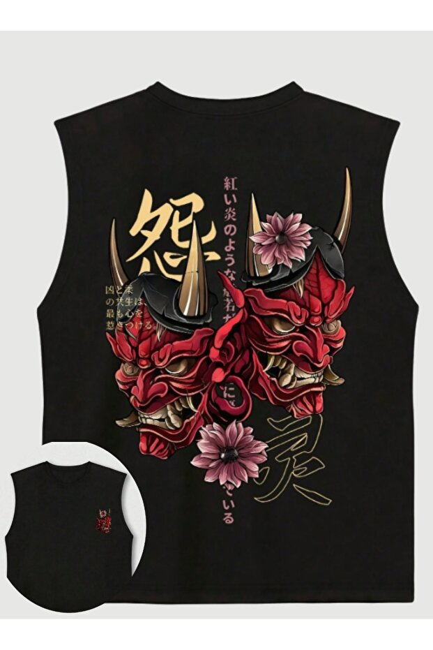 Oversize Relaxed Fit Back and Chest Printed Black Men's Tank Top / Zero Sleeve