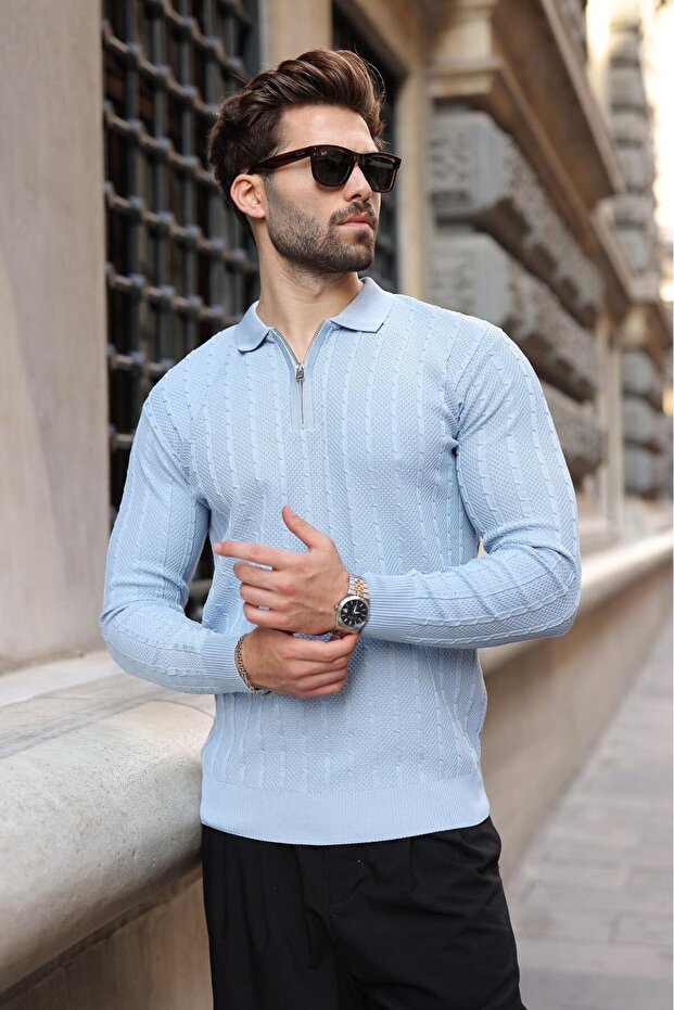 Baby Blue Polo Collar Knitted Patterned Knitwear Men's Sweater E7507