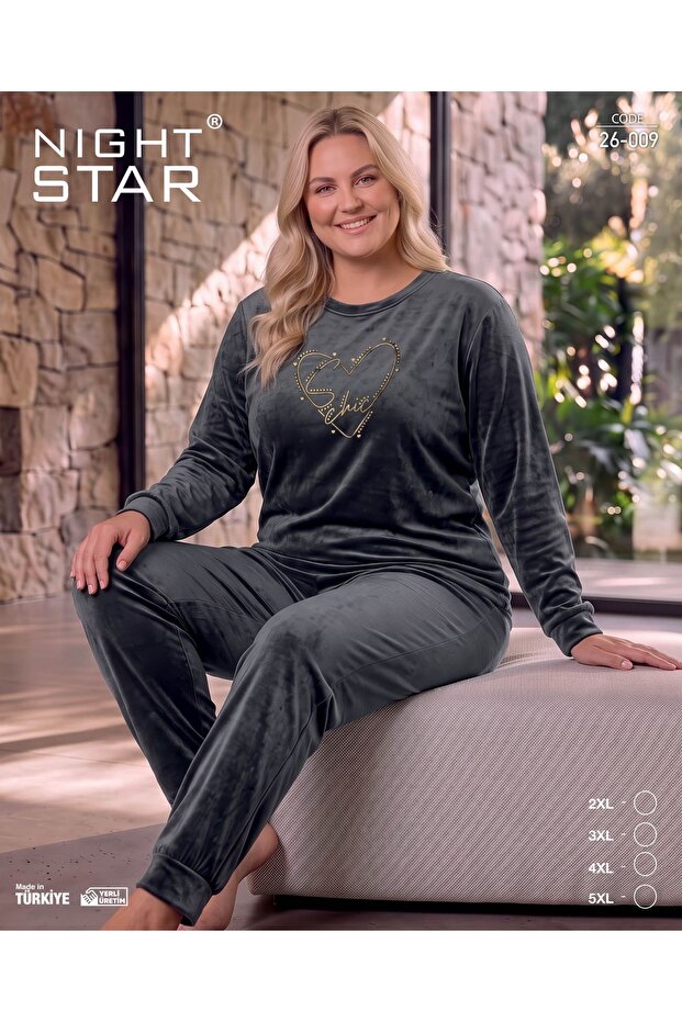 French Velvet Plus Size Heart Printed Smoked Pajama Set