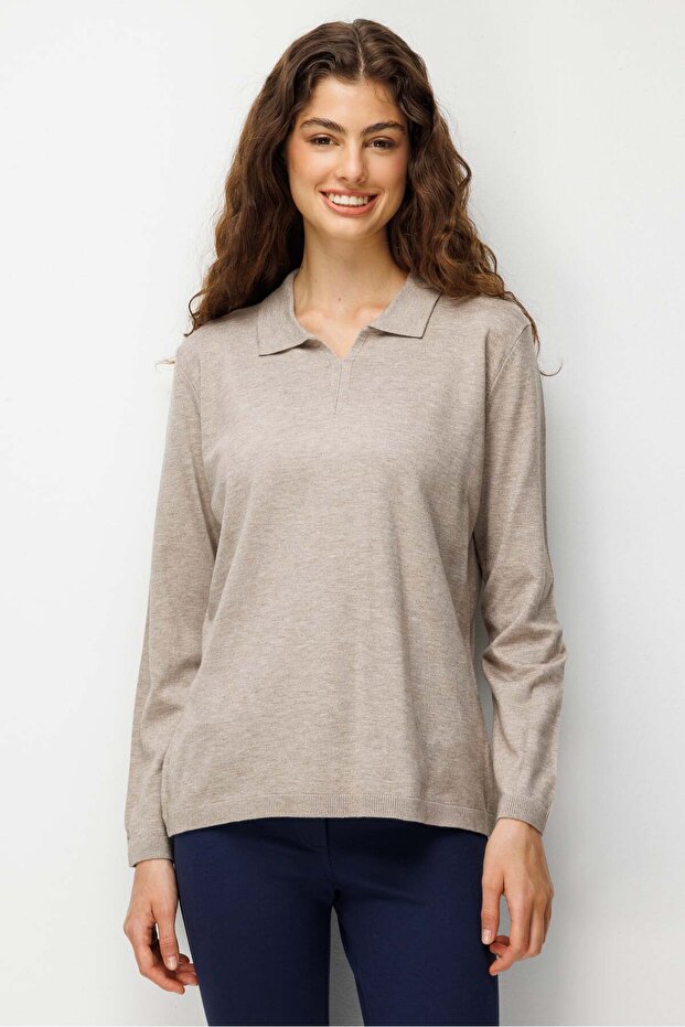 Women's Polo Collar Basic Plain Blouse Mink