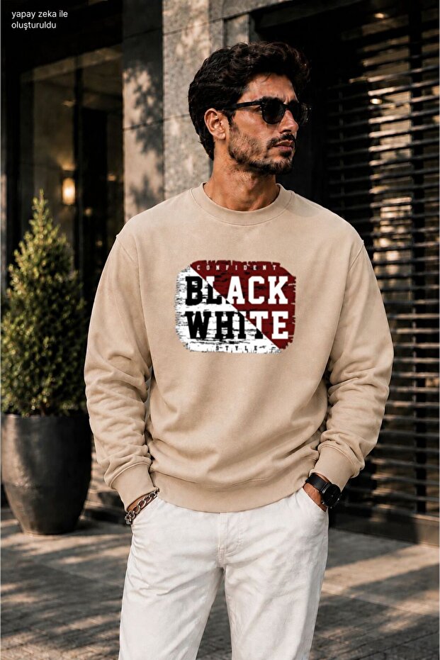 Men's Black White Confident Style Typography Printed Cycling Round Neck Casual Sweatshirt
