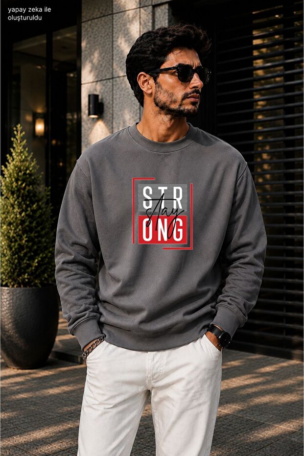 Men's Stay Strong Red Block Printed Cycling Round Neck Casual Sweatshirt
