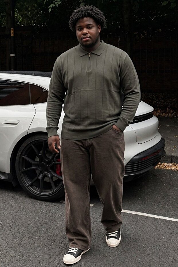 Men's Plus Size Khaki Polo Collar Striped Sweatshirt