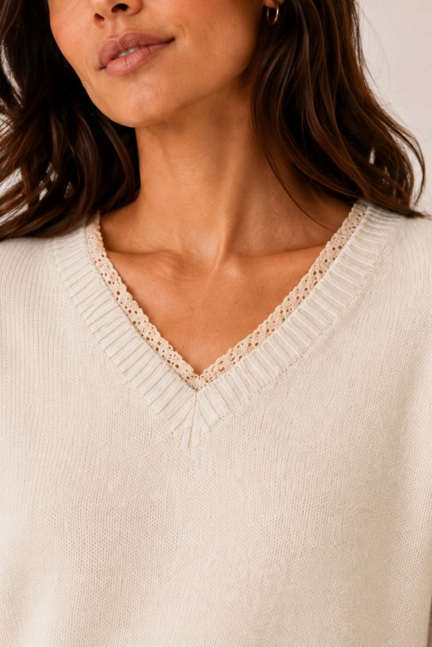 Women's Knitwear Sweater with V-Neck and Lace Detail