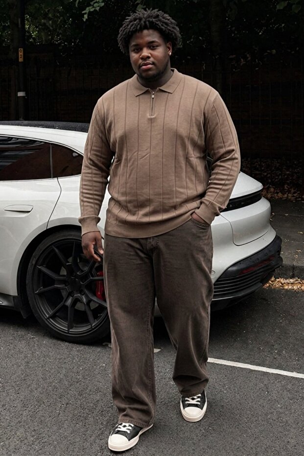 Men's Plus Size Brown Polo Collar Striped Sweatshirt