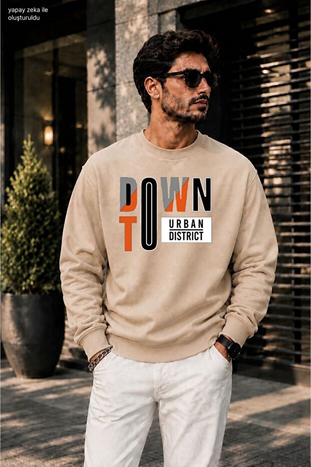 Men's Downtown Urban District Orange Detailed Typography Printed Cycling Round Neck Casual Sweatshirt