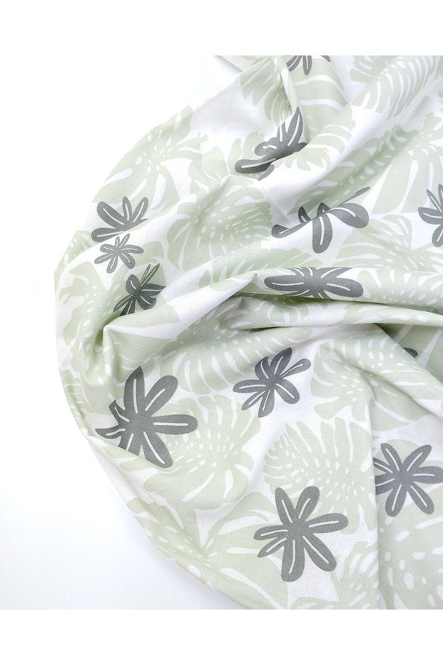 Leaf Patterned Cotton Linen Woven Fabric in White, Green, Smoked Colors for Dressmaking & Shirtmaking Width: 1