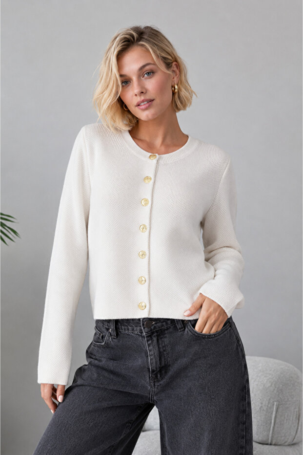 Women's Crew Neck Gold Buttoned Basic Knitwear Cardigan