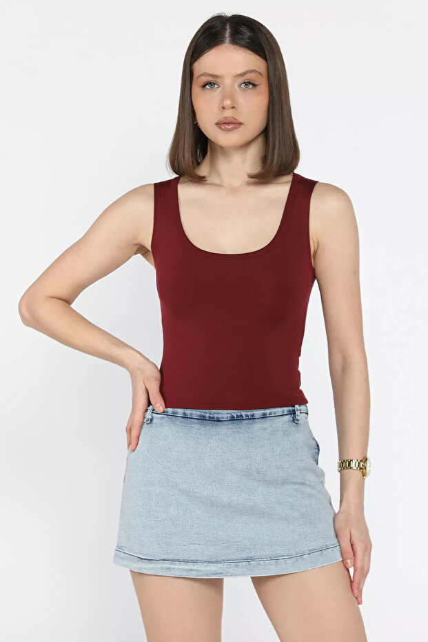 Burgundy Women's Modal Fabric Zero Sleeve Lycra Crop Top Blouse