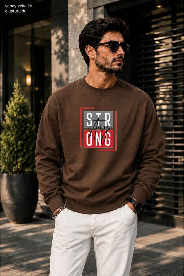 Men's Stay Strong Red Block Printed Cycling Round Neck Casual Sweatshirt