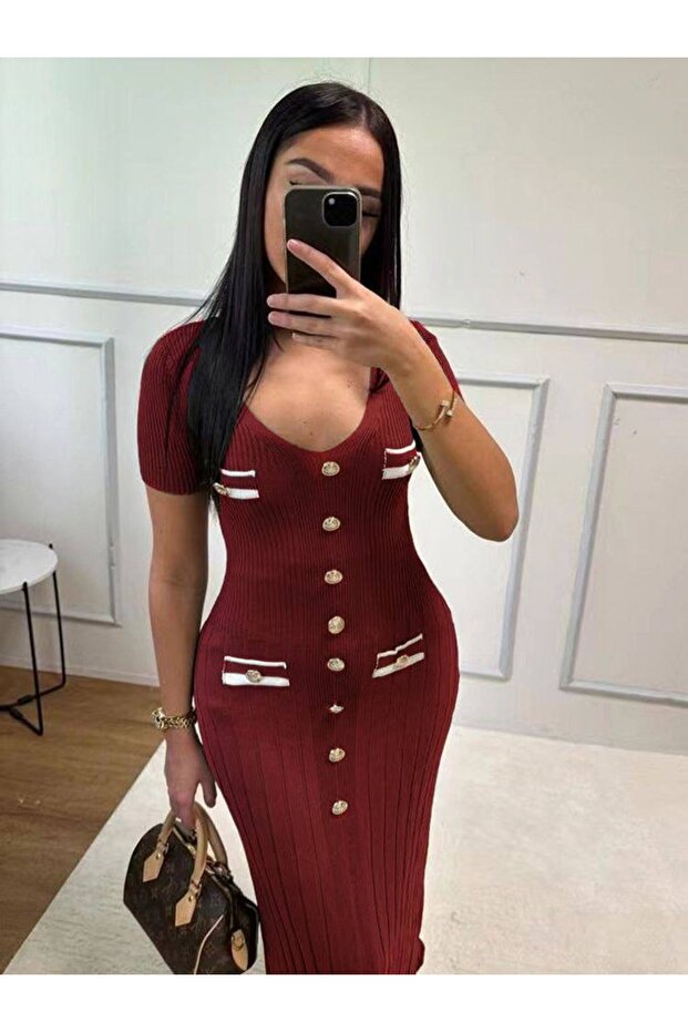 Düğmeli Midi Elbise