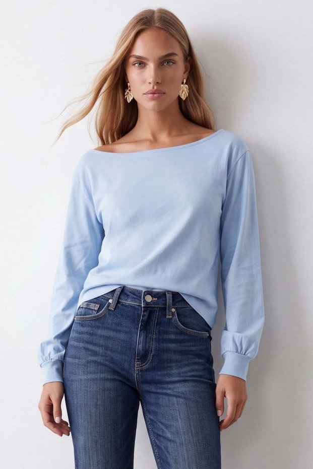 Women's Blue Boat Neck Blouse with Cuffed Sleeves Alc-X14393