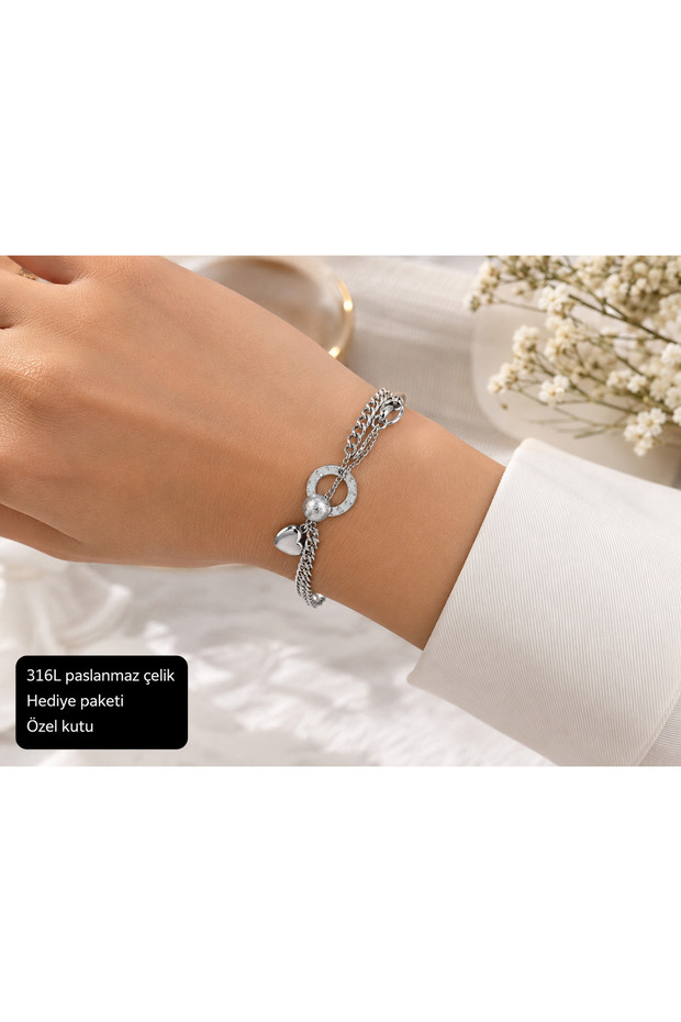 Women's Steel Bracelet with Heart Figure, Multi-Chain and Ring Detail, Stylish Accessory