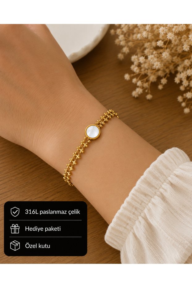 316L Stainless Steel Gold Color Elegant Women's Bracelet Model with White Detail