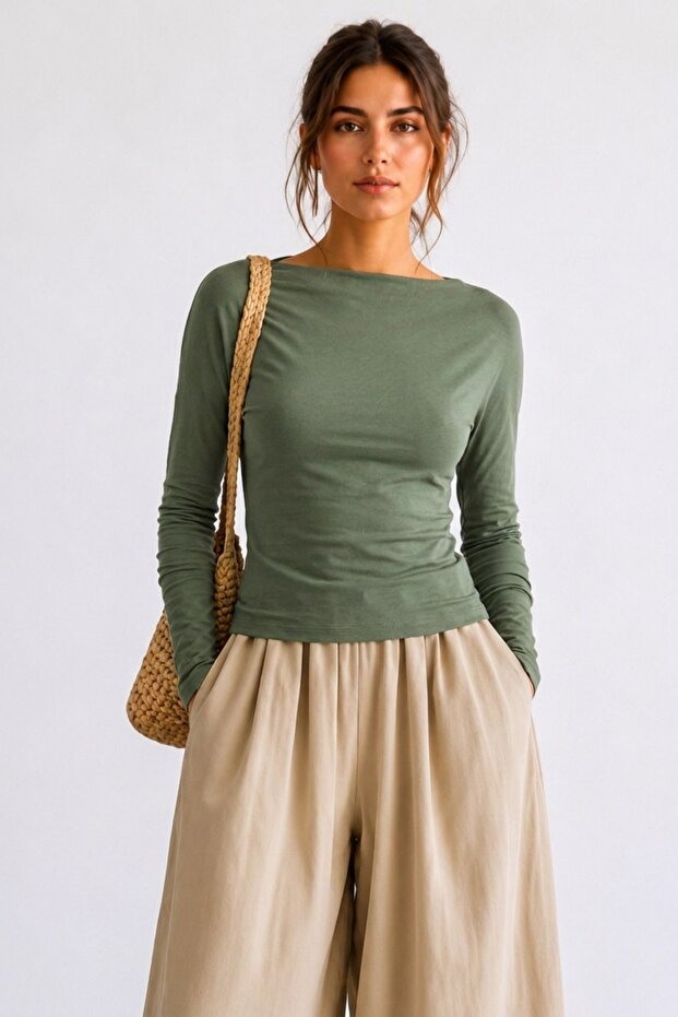 Women's Crop Bodycone Long Sleeve Khaki Blouse