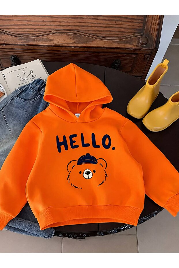 3 Yarn Combed Cotton Hello Printed Unisex Children's Hooded Sweat Wq5