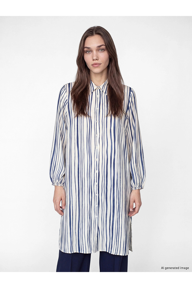 Lcw Modest Navy Blue Striped Women's Shirt Tunic