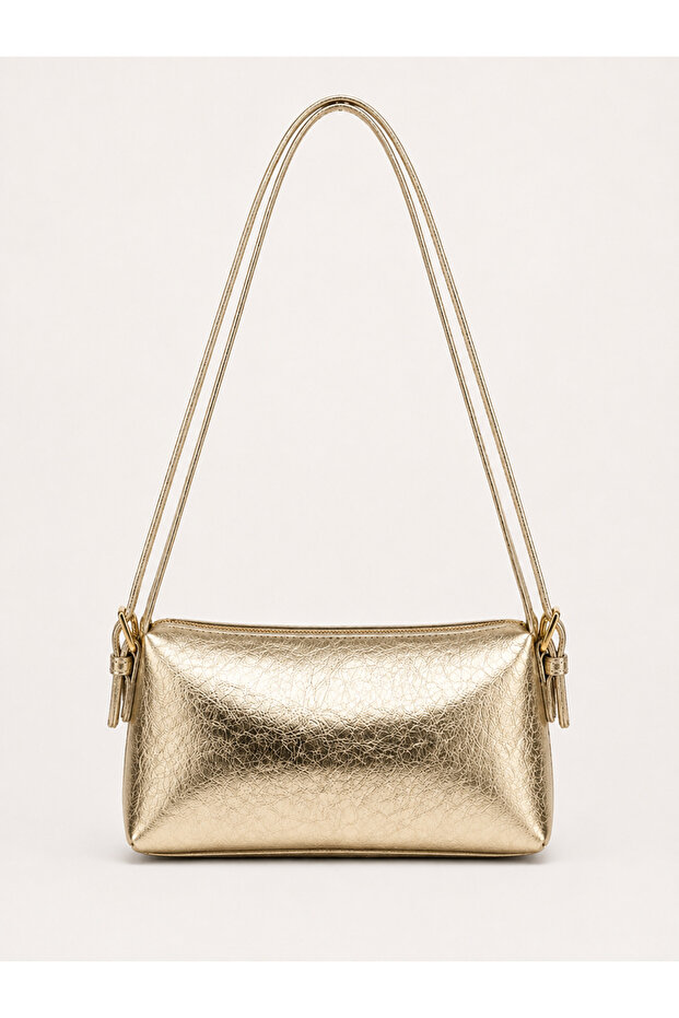 Women's Double Strap Zippered Shoulder Bag - Gold