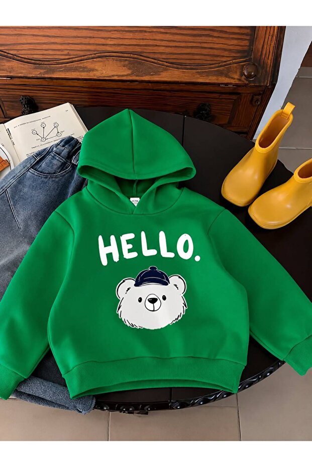 3 Yarn Combed Cotton Hello Printed Unisex Children's Hooded Sweat Wq5