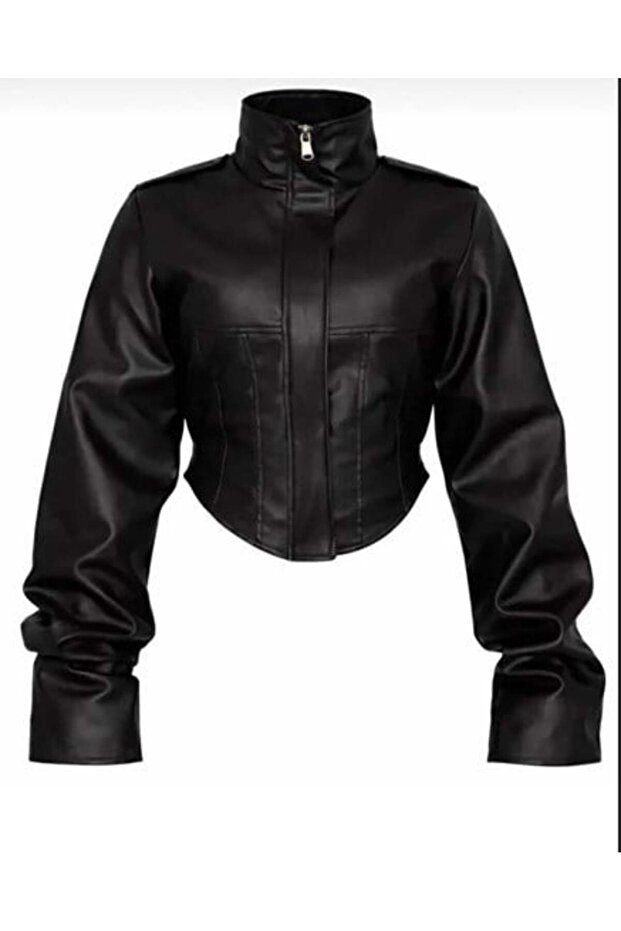 Frozen New Season Corset Detail Crop Leather Jacket Black