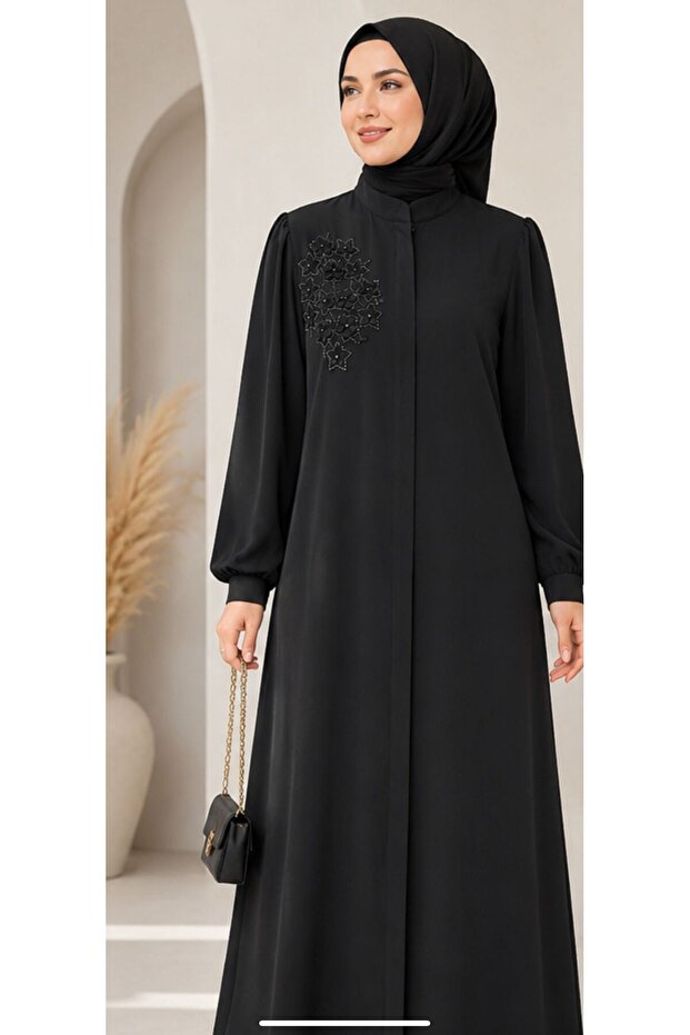 Payi̇ni̇-Women's Hijab Ferace with Zipper, Stone Embroidered Balloon Sleeves, Long