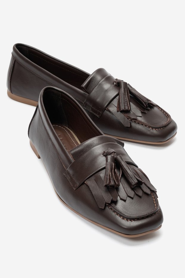 Genuine Leather Brown Women's Tasseled Ballerinas Tassel