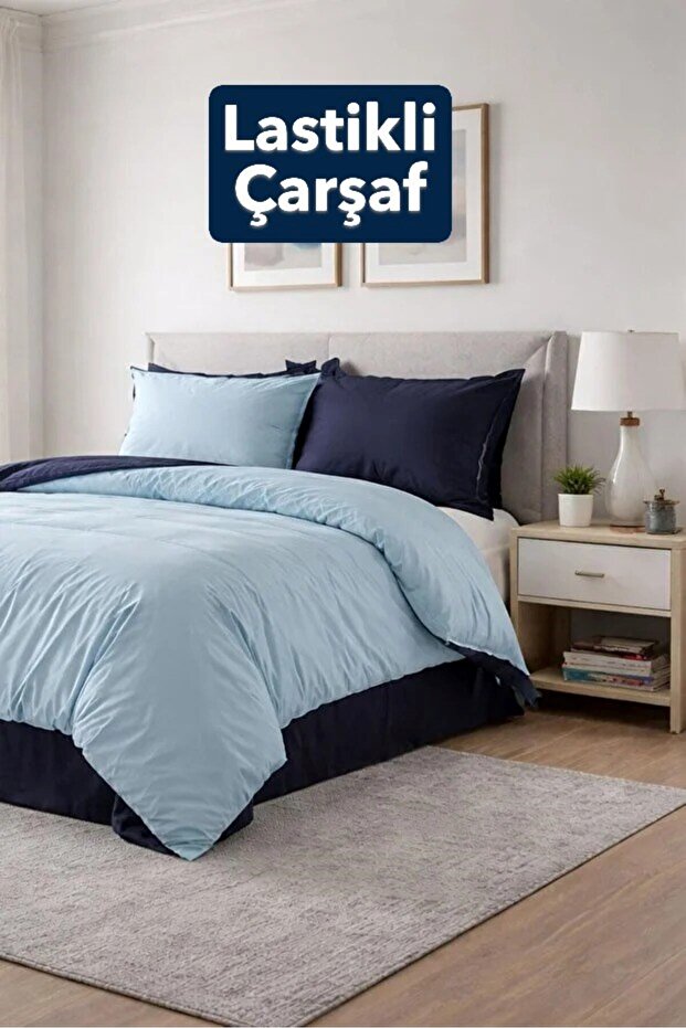 Colormix -Elastic Sheets- Double Duvet Cover Set- Mint Indigo 100% Cotton