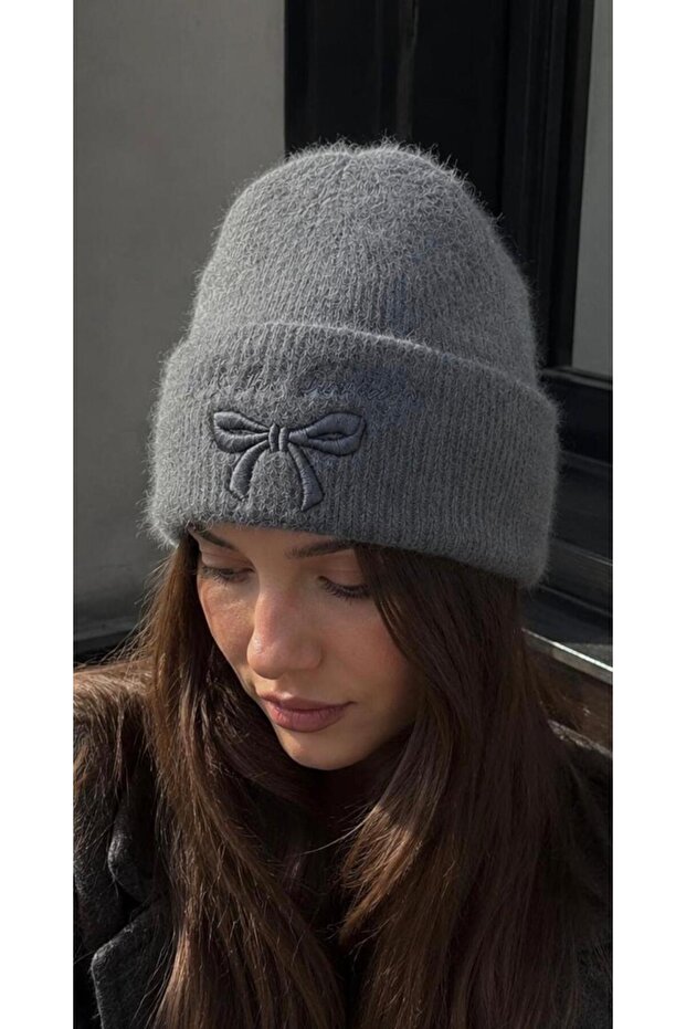 Women's Soft Textured Plush Winter Ribbon Patterned Beanie Dark Gray