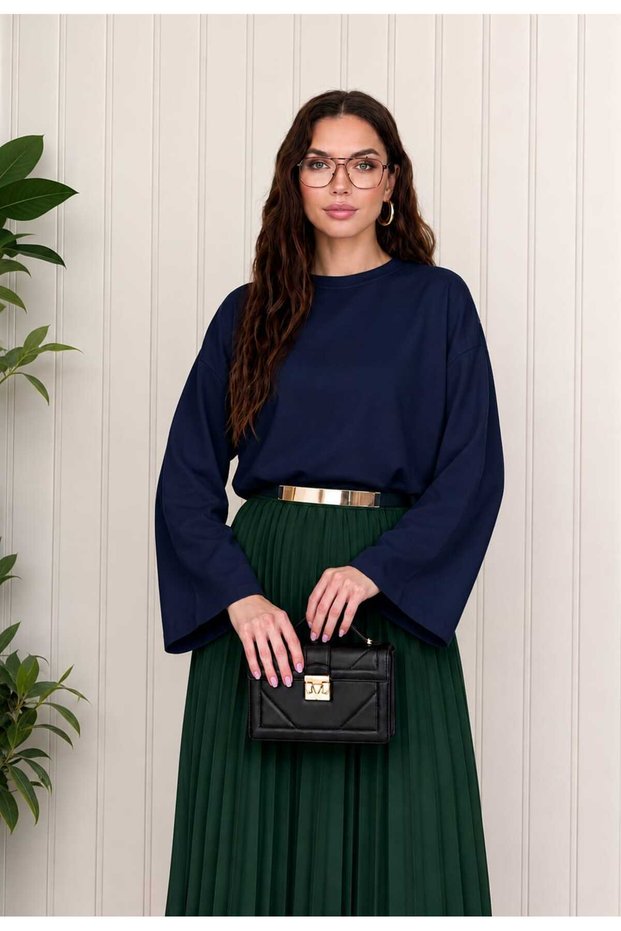 Navy Blue Women's Hijab Tunic Combed Cotton Blouse Oversize Loose Crew Neck Spanish Sleeve Basic Long Sleeve Casual Stylish Tunic Blouse