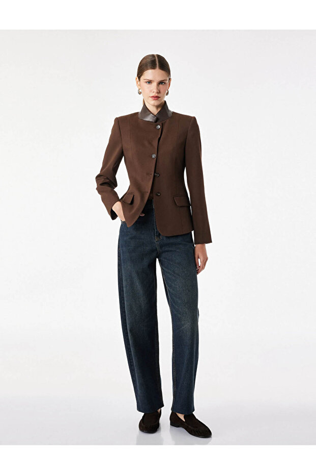 Viscose Blended Long Sleeve Faux Leather Collar Detailed Slim Fit Jacket