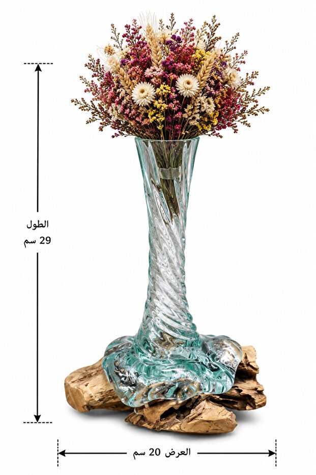 فازة ديكور زجاجية ملتوية بقاعدة خشب - مزهرية تحفة فنية متعددة الاستخدام
