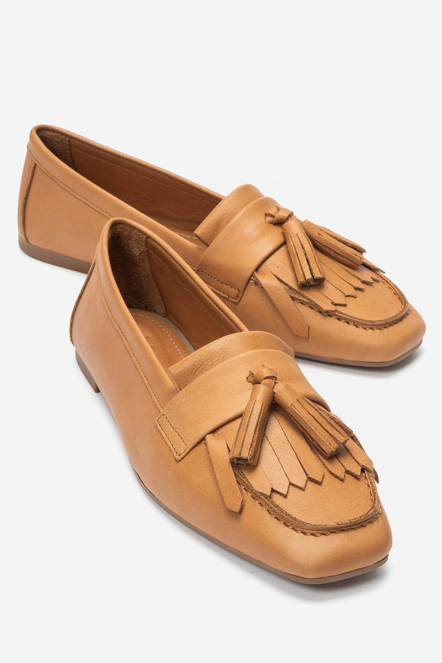 Genuine Leather Coconut Women's Tasseled Ballet Flats, Square-Toe Women's Loafers