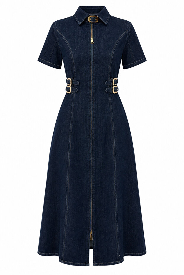 Gold Detailed Lycra Denim Dress