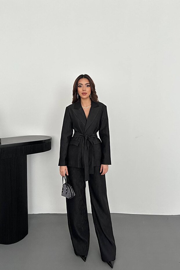 Black Shiny Belted Waist Suit