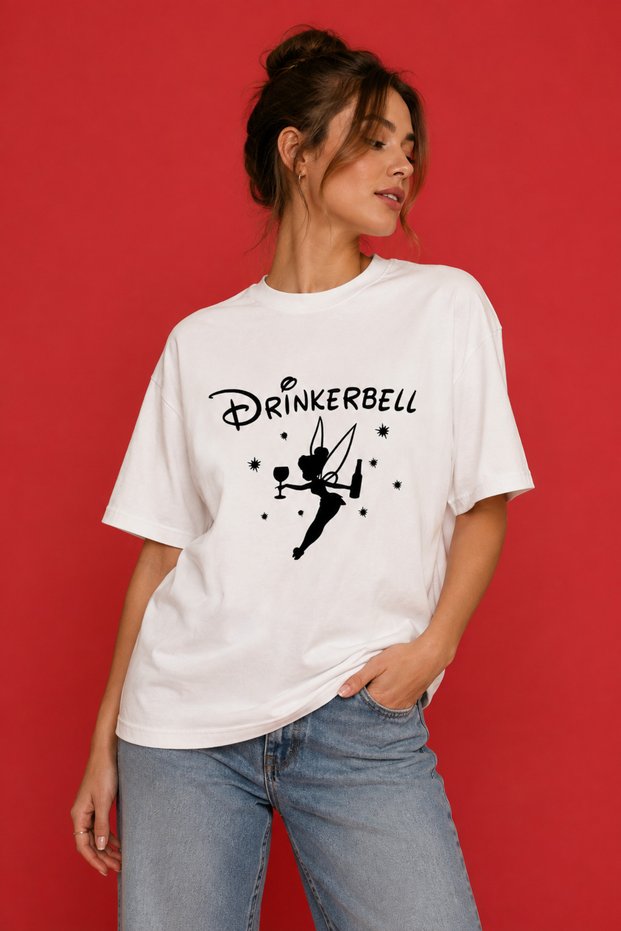 Women's White Oversize T-Shirt Drinkerbell Printed Fun Design with Fairy Figure