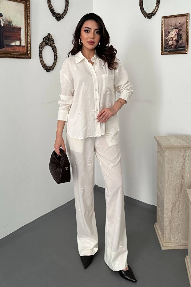 Ecru hand-embroidered shirt and pants set