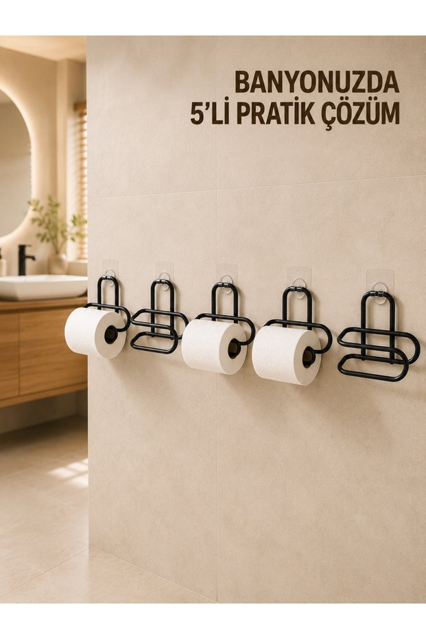 5 Pieces of Wall Adhesive Wc Paper Holder, Installation Without Drilling, Black Metal Toilet Paper Hanger