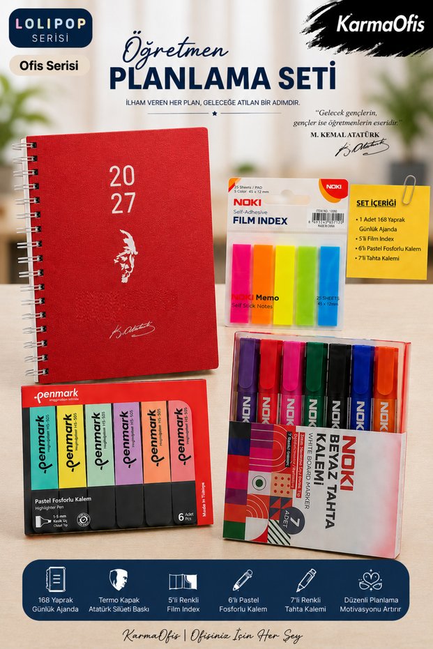 Teacher Planning Set | 168 Sheets of Red Color Daily Planner + Film Index + Pastel Highlighter + Whiteboard Marker