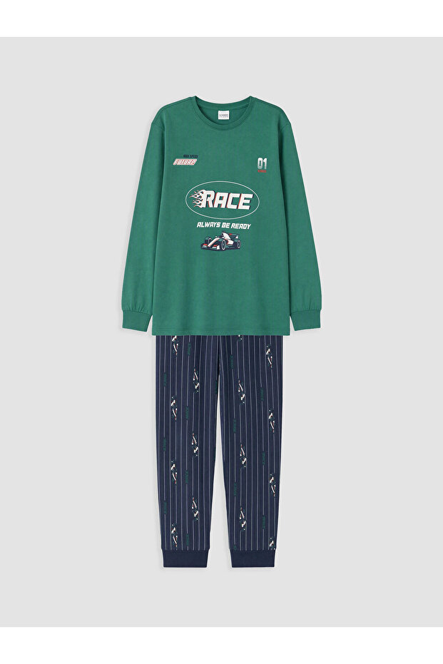 Lcw Kids Green Crew Neck Boys' Printed Pajama Set Long Sleeve Combed Cotton