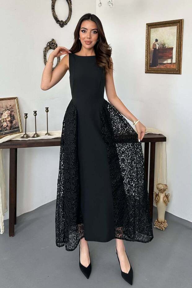 Black Dress with Ruffled Side Skirt