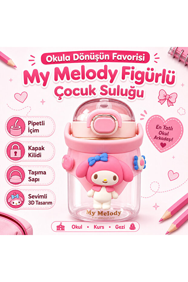 My Melody Figured 650 ml Children's Water Bottle with Straw, Lockable Lid, Carrying Handle, School Water Bottle