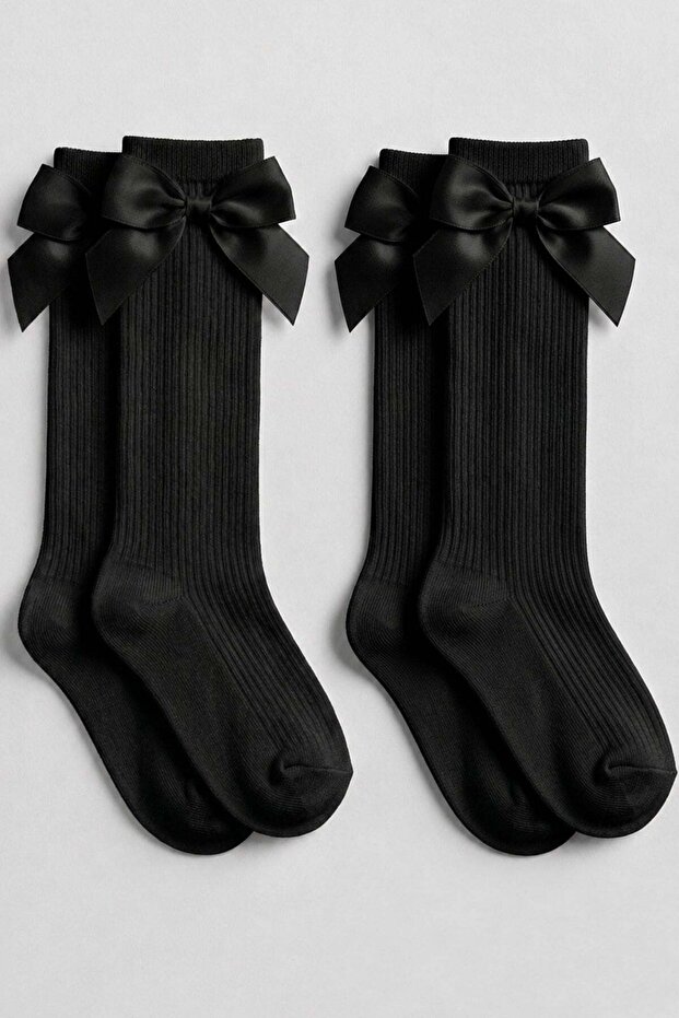 2 Pieces of Girls' Satin Bowknot Ribbed Knee Socks