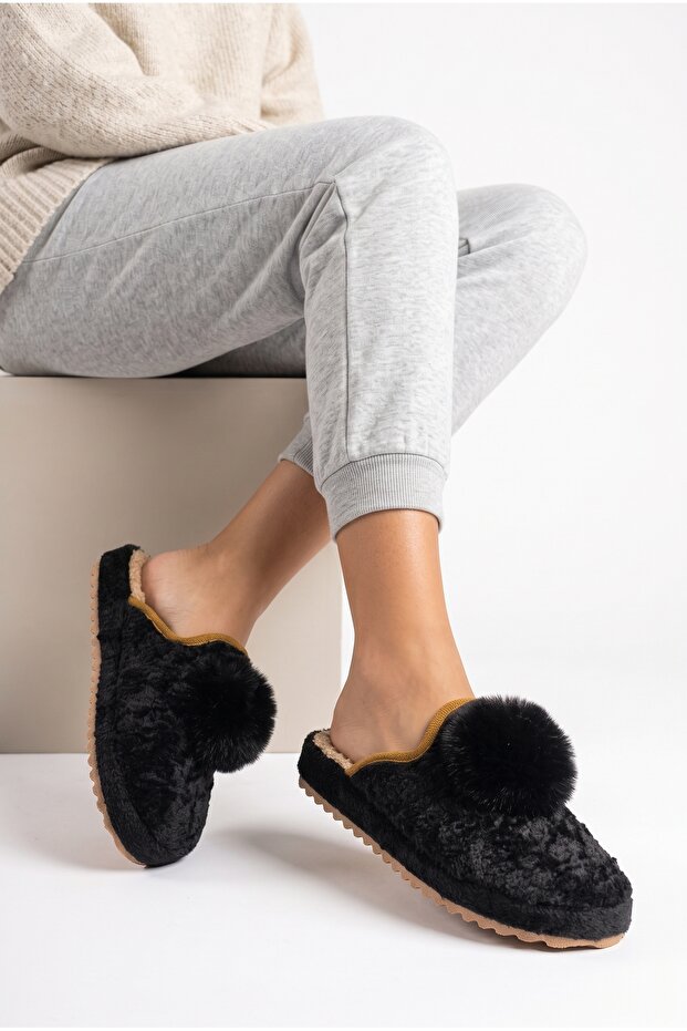 Women's Fluffy Plush House Slippers with Large Pompoms, Closed Toe, Warm, Soft Soled Winter Slippers